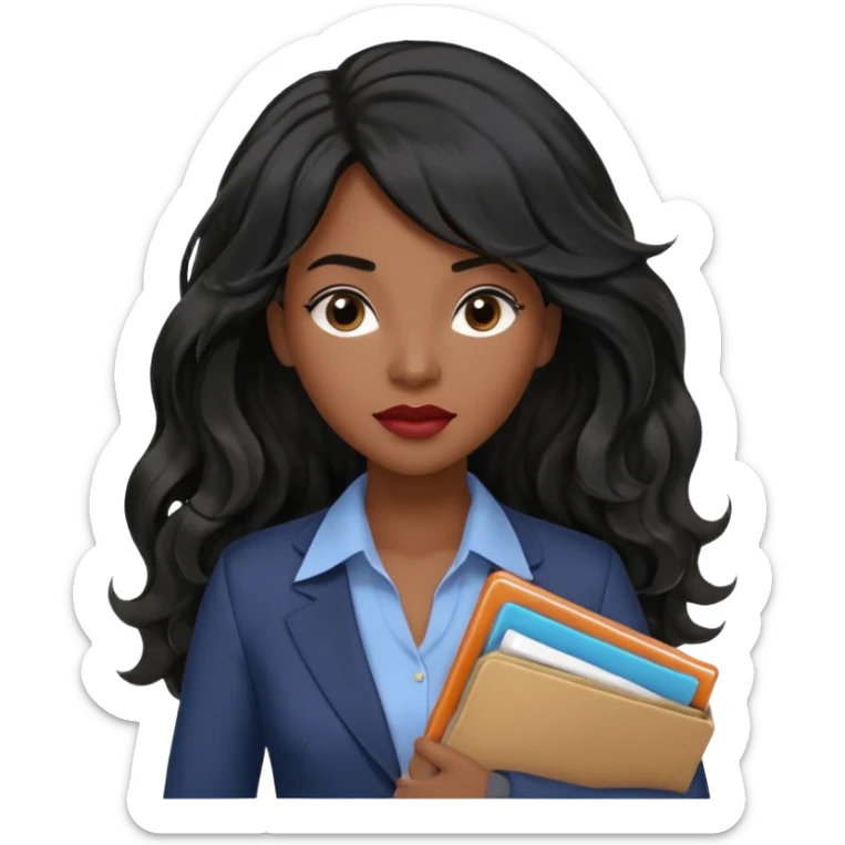 A young woman with long black hair, a wavy frange falling on half of her head. There's a long wavy stretch of hair falling on the side of her head. She's black, medium to dark skinned with thick lips. She's holding folders, and she's a CEO, but she's wearing casual clothes. she has long eyelashes. sticker