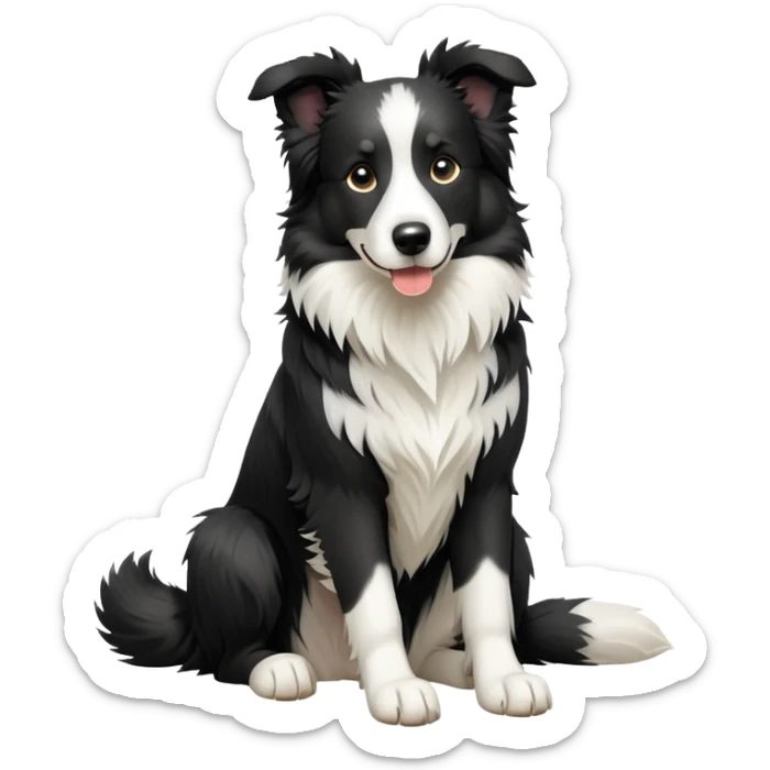 cinematic-[border collie dog]-realistic-full-body-sitting-emoji,-tail-resting-loosely-beside-its-paws,-head-tilted-dramatically,-scruffy-[black and white]-fur,-simplified-yet-realistic-focused-features,-highly-detailed,-glowing-with-an-almost-sarcastic-glow sticker