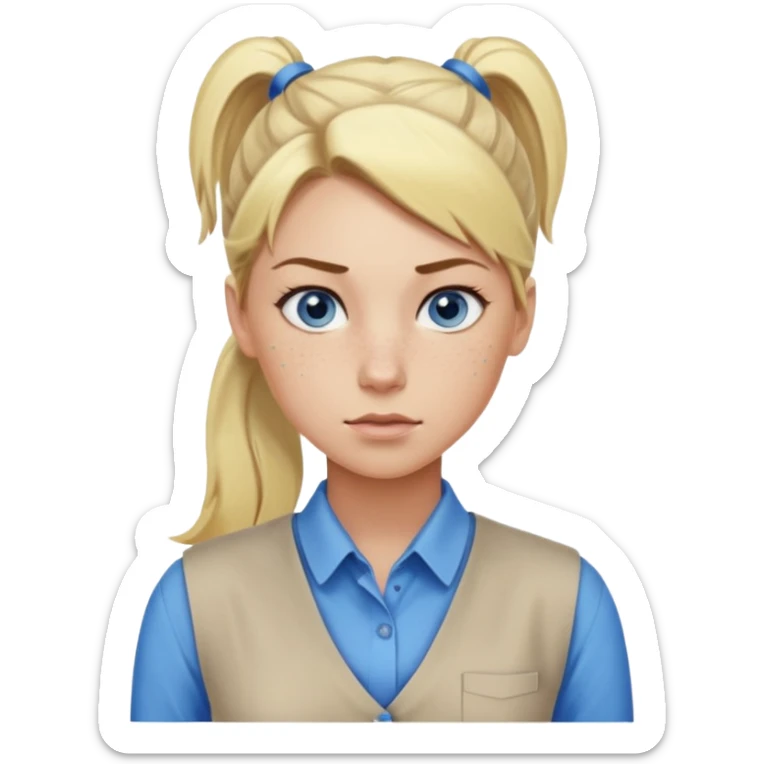 Just a head, blonde hair with lowlights in a ponytail, blue eyes, some freckles, a little older female ready to get some tasks done at work, no bod sticker