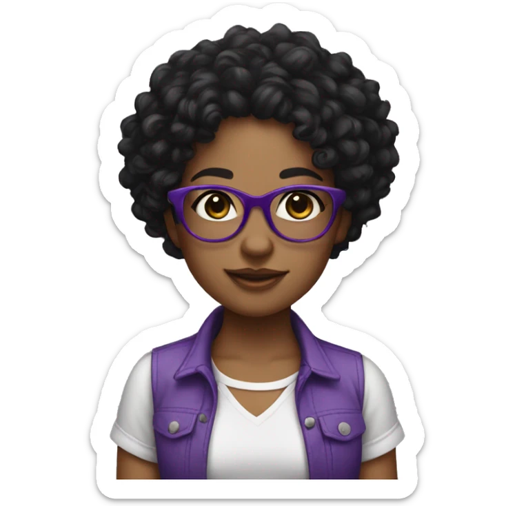 Girl with purple glasses, curly black hair, cute shirt and pant sticker