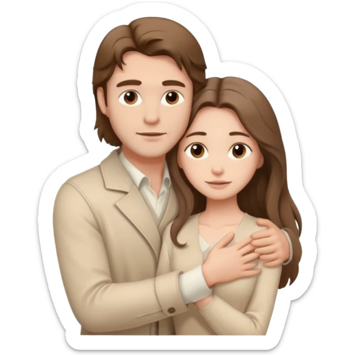 A white handsome man with brown hair in pale beige clothes supports and hugs a beautiful woman with long hair in pale beige clothes sticker