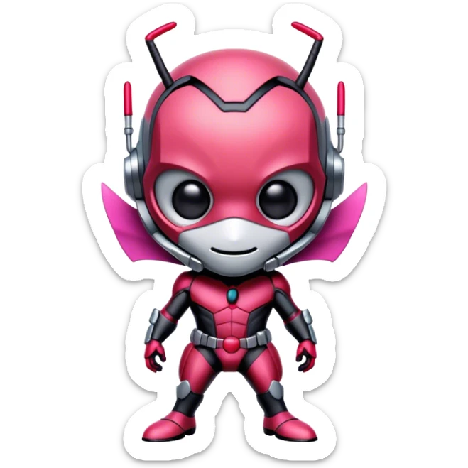 A cute and futuristic ant man mascot with JOKER style. His body is primarily in red-pink and light pink, with subtle dusk black details for contrast. sticker