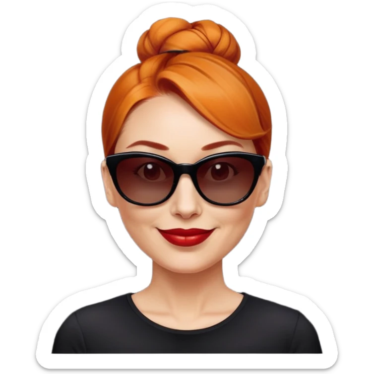 nữ 40 tuổi, da trắng,môi đỏ thẫm, tóc búi gọn gàng màu cam, đeo kính đen, mặt cười tươi, hơi có nếp nhăn, áo đen sticker