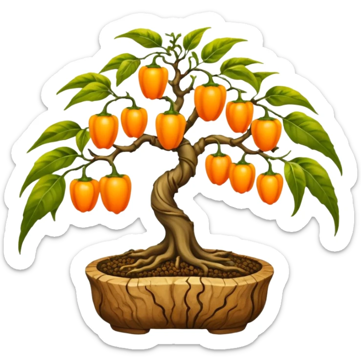 Very Large decorative gnarled bonsai pepper plant with minuscule y round orange-yellow peppers on it  sticker