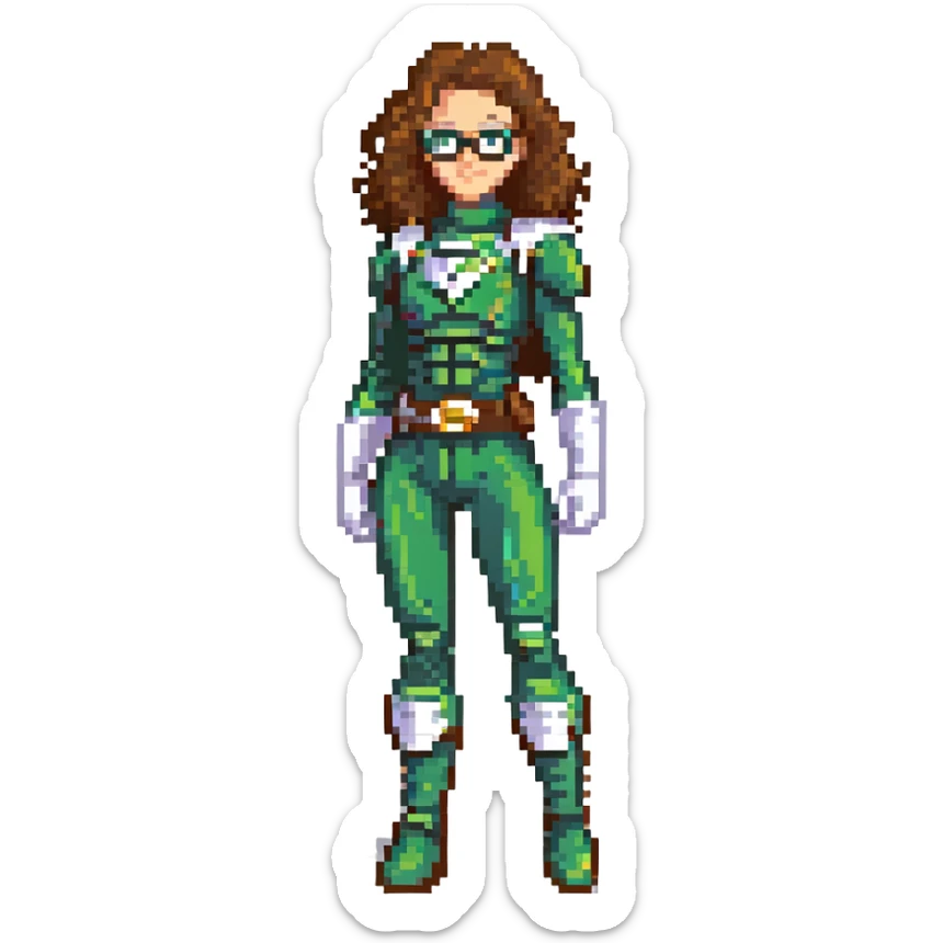 green power ranger, white girl with curly brown hair and glasses sticker