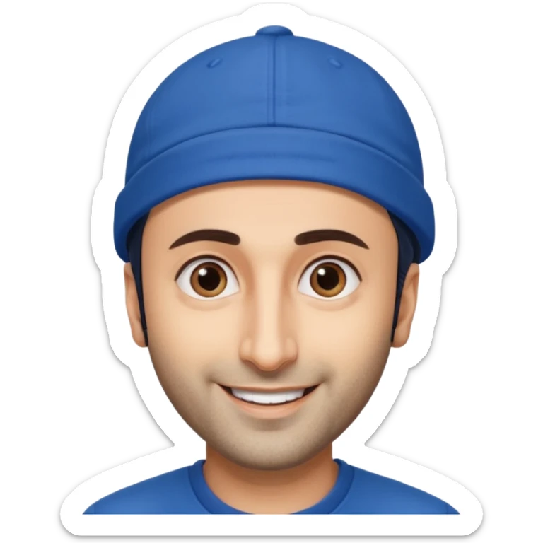 generate a pretty bratz emoji of ranbir kapoor wearing a blue cap sticker
