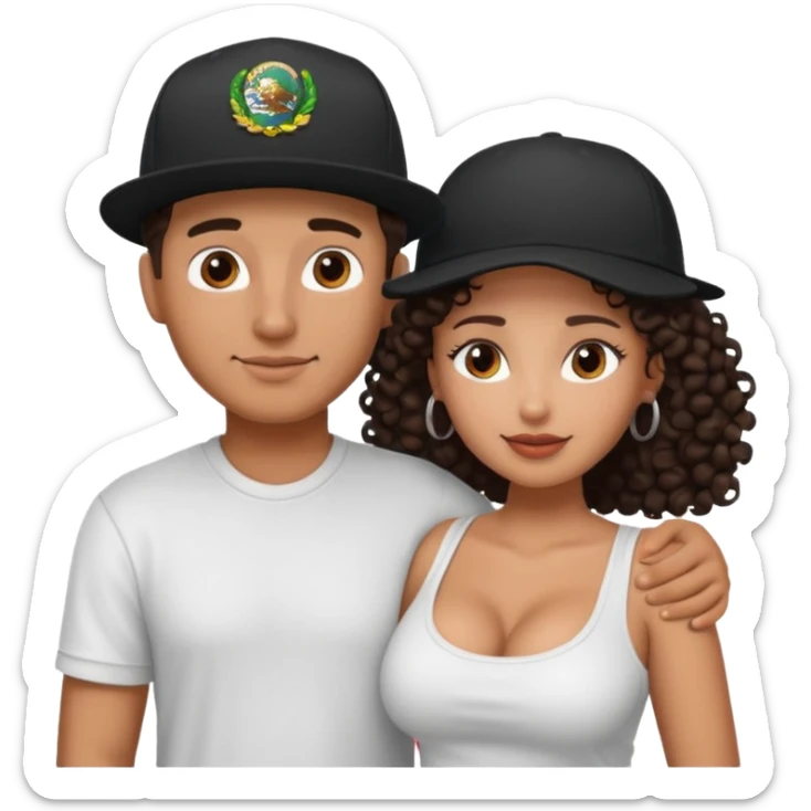 A picture of an embracing tanned couple. the man is a Mexican man with tanned skin, with a bald hair cut wearing a SnapBack hat and a black shirt. the woman has curly dark brown hair and with big boobs   sticker