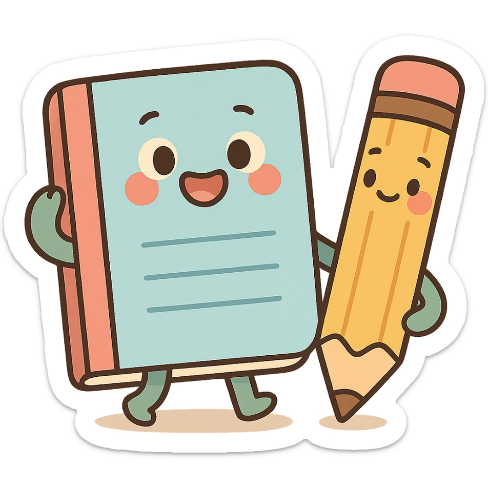 a copybook and pencil, cozy study atmosphere, soft pastel cartoon style sticker