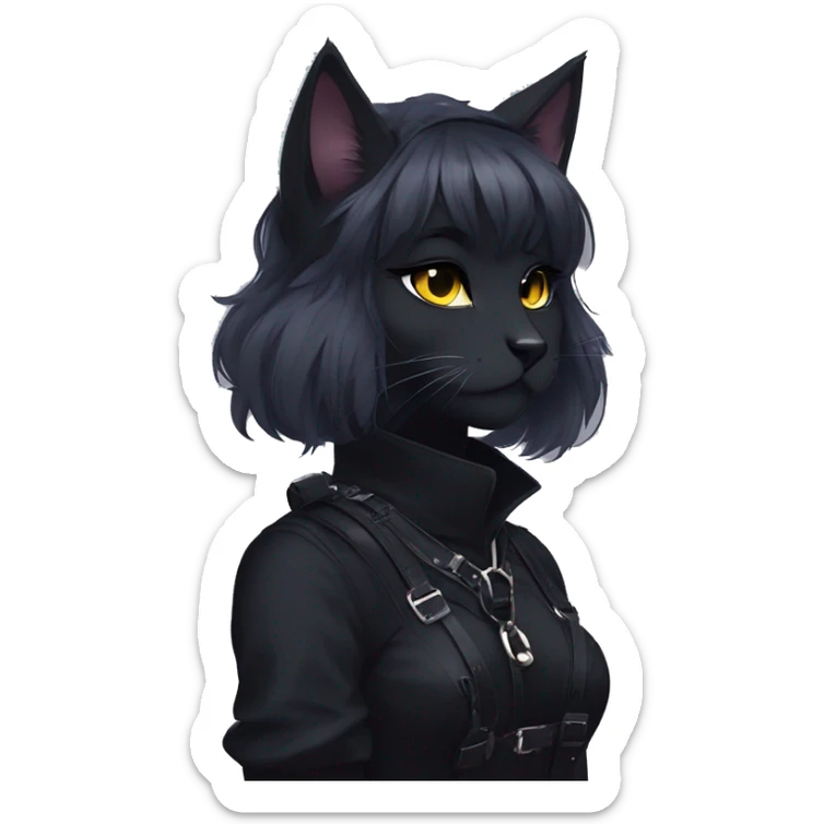 Gorgeous furry gothic dark techwear anime style anthro black cat furry sona with blushing face aesthetic and pretty edgy black with collar and harness trending style sticker