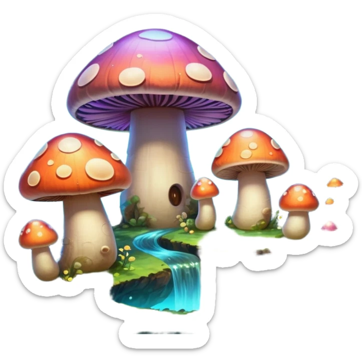  "A whimsical mushroom world filled with giant glowing mushrooms, soft bioluminescent spores floating through the air, and friendly oversized snails with colorful spiral shells exploring the landscape. Fantasy atmosphere, vibrant colors, dreamy lighting, highly detailed sticker