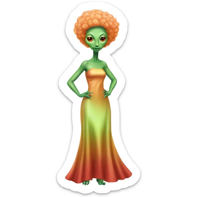 reptilian green alien woman, in long slim pastel orange formal party satin dress with gradient shiny sparkling dark red, full figure, full body sticker