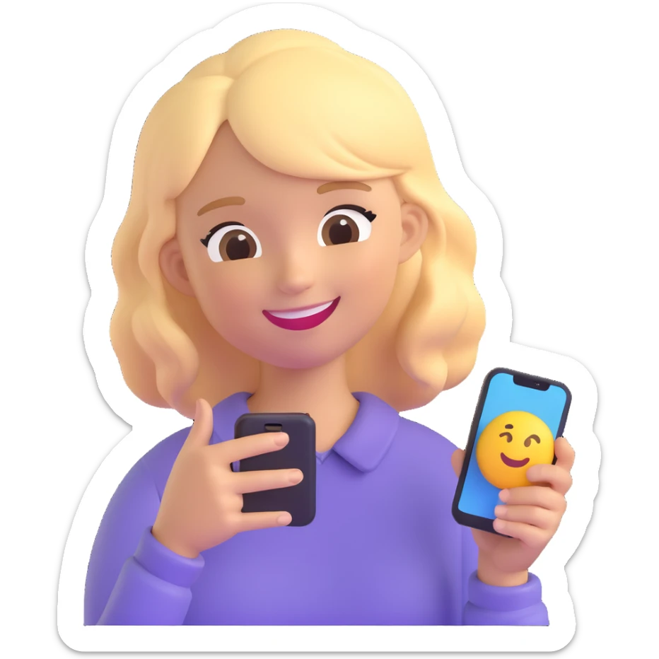 girl holding a smartphone, smiling, emoji style, with blonde hair sticker