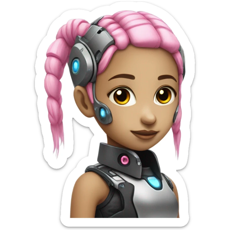 cyborg girl, pink hair, robot body, gynoid, twintails, cyberpunk, black collar sticker