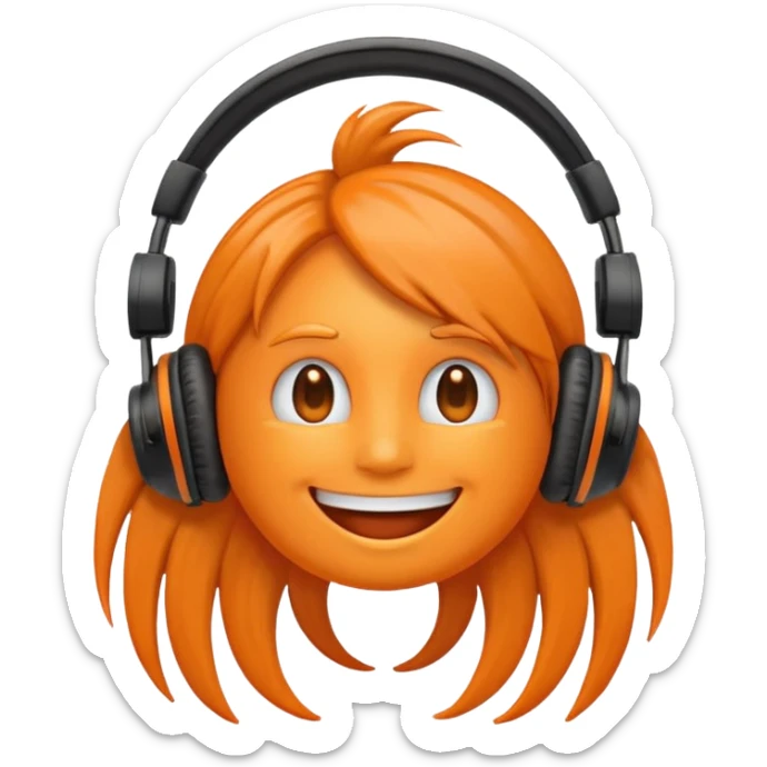 Orange happy face emoji with a couple of hair,headphones,and antennas. sticker