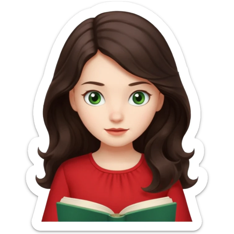 Long wavy dark brown haired, white skinned, dark green eyed girl in red blouse reading a book sticker