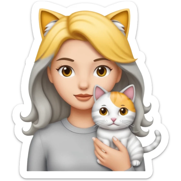 Haz una imagen estilo emoji de iPhone con una chica blanca de cabello ondulado claro tomando en brazos a su gato gris con blanco sticker