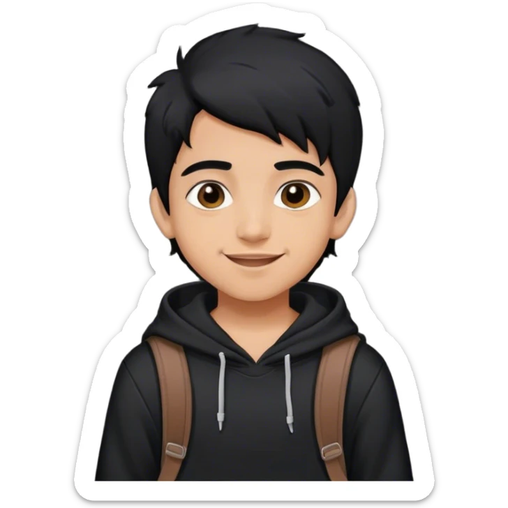 Cheerful white Indian teenager boy with black hair . He's wearing a black hoodie and bag on back sticker