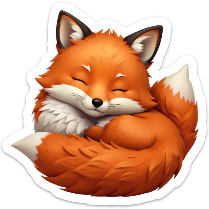 Cinematic cute sleepy fox, curled into a cozy fluffy ball, warm glowing fur, tiny black nose resting on its tail, soft breathing visible, peaceful and charming. sticker
