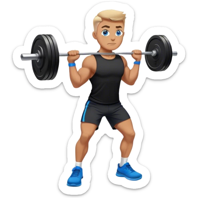 tanned man colored eyes black shorts black t shirt blue shoes barbell squats sticker