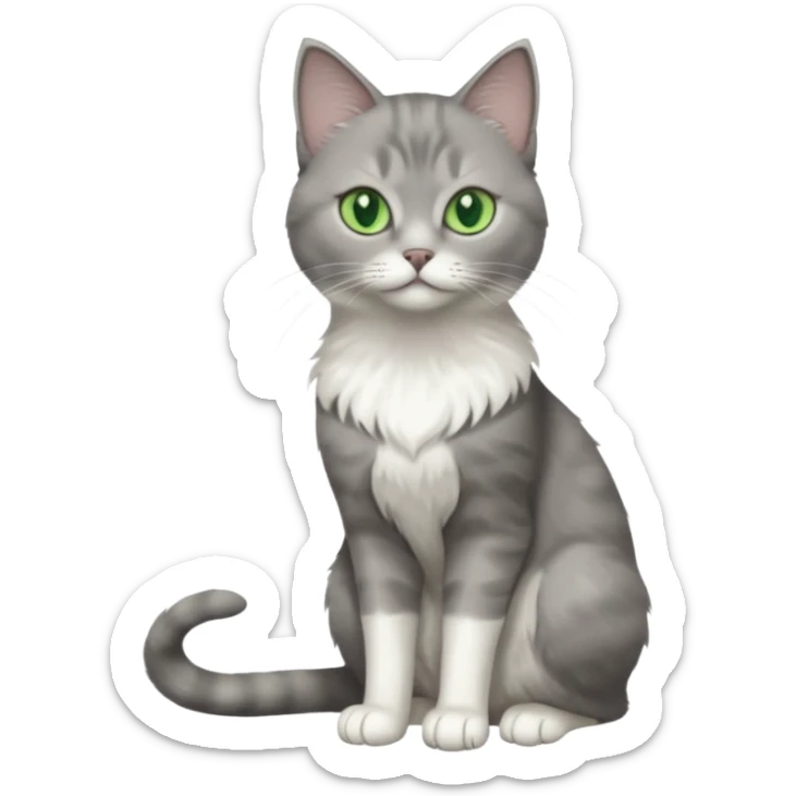 full body view of beautiful female grey cat with green eyes, white toes and white chest sticker