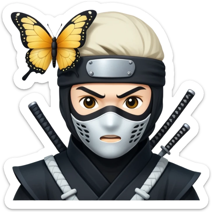 Crea una imagen con estos dos emoji 🥷🏻🦋
él ninja de piel blanca con la mariposa posada en cabeza como si estuviera volando. sticker