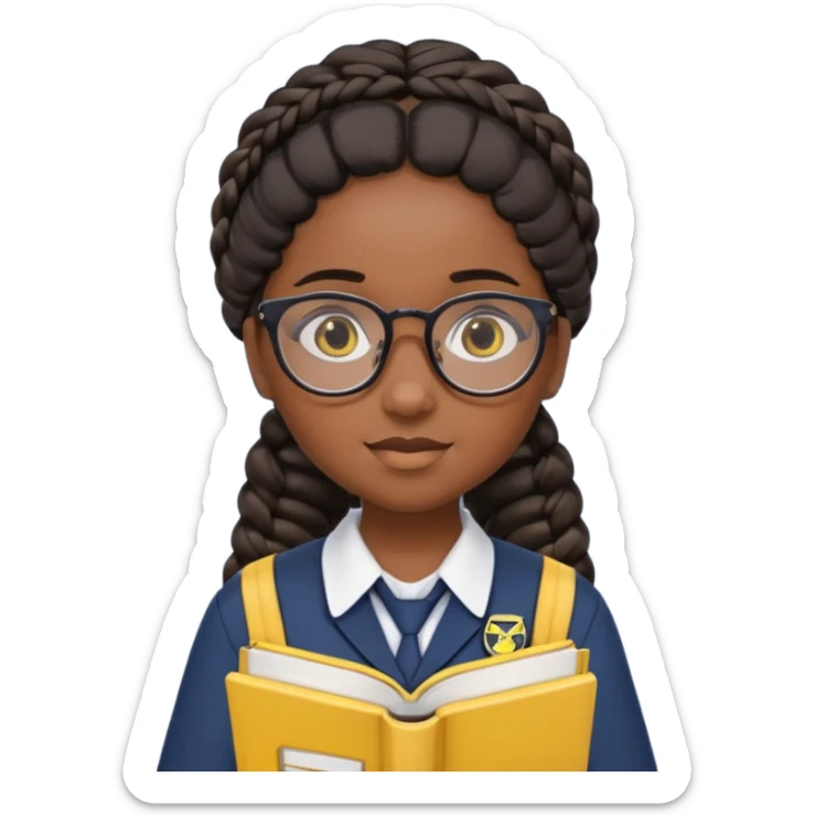 Girl student wearing uniform, glasses, hold yellow book in front of their chest, black braided hair, dark skin sticker