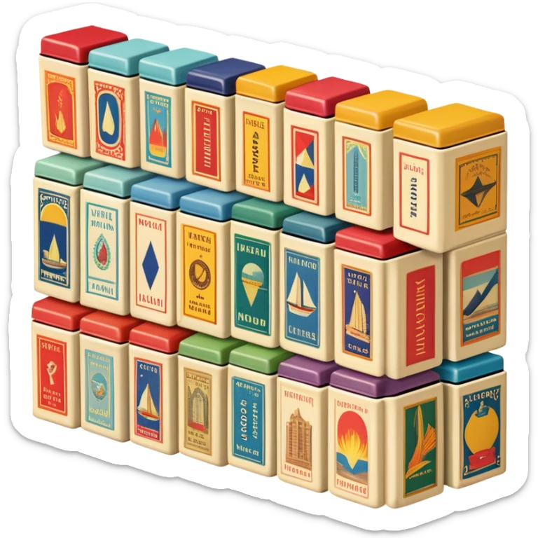 Icon for Matchbox Collecting: a collection of vintage and colorful matchboxes from different places, neatly displayed in a row or in a display case. The icon should reflect the uniqueness and diversity of matchbox collecting. Transparent background. sticker