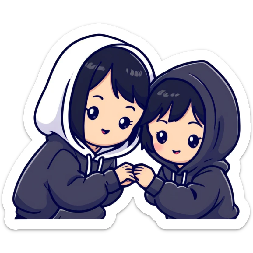 Two adorable Japanese girls with black hair wearing casual Western clothing like hoodies or blouses, their cheeks touching, kawaii style sticker