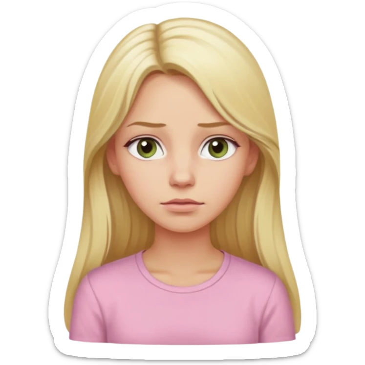 blonde with long hair and swamp-colored eyes, wearing a pastel pink shirt, thoughtful expression, iOS Apple emoji style sticker
