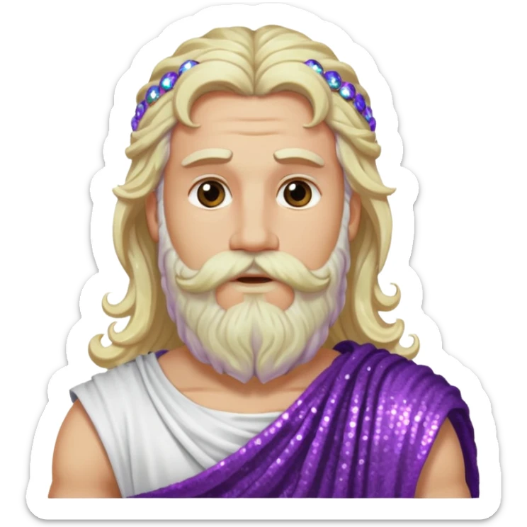Jupiter, God of Sky from Roman Deities with long white blonde wavy hair and beard, purple sequin toga sticker