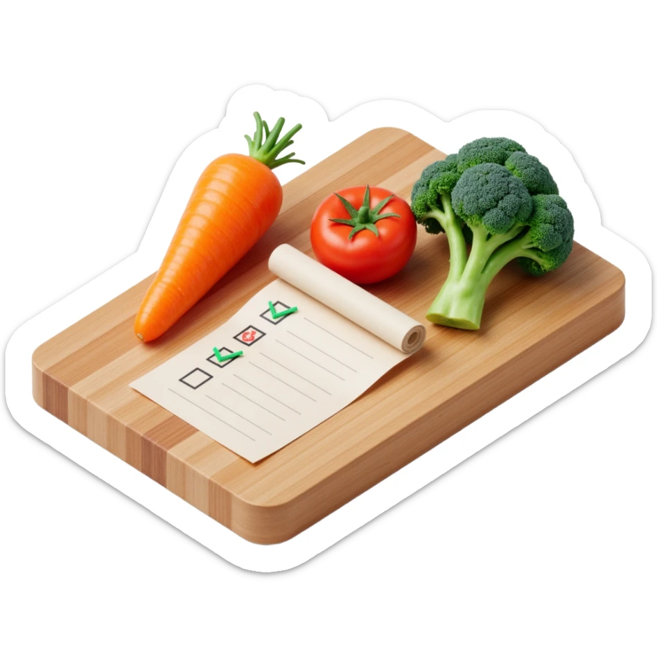 carrot tomato brocoli on the wooden cutting board with floating rolled paper list with checkbox sticker