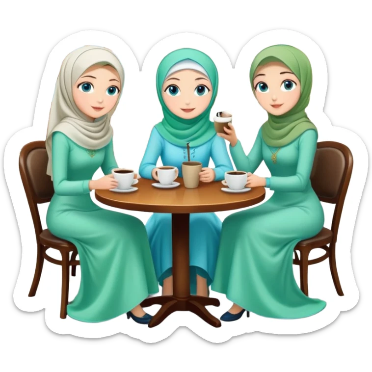 Turkish beautiful finish Konya girls blue eyes with Beautiful light green hijab long tail dress and the two friends in a coffeehouse sits on the chair on the ground and holds cup coffe with her hand  sticker