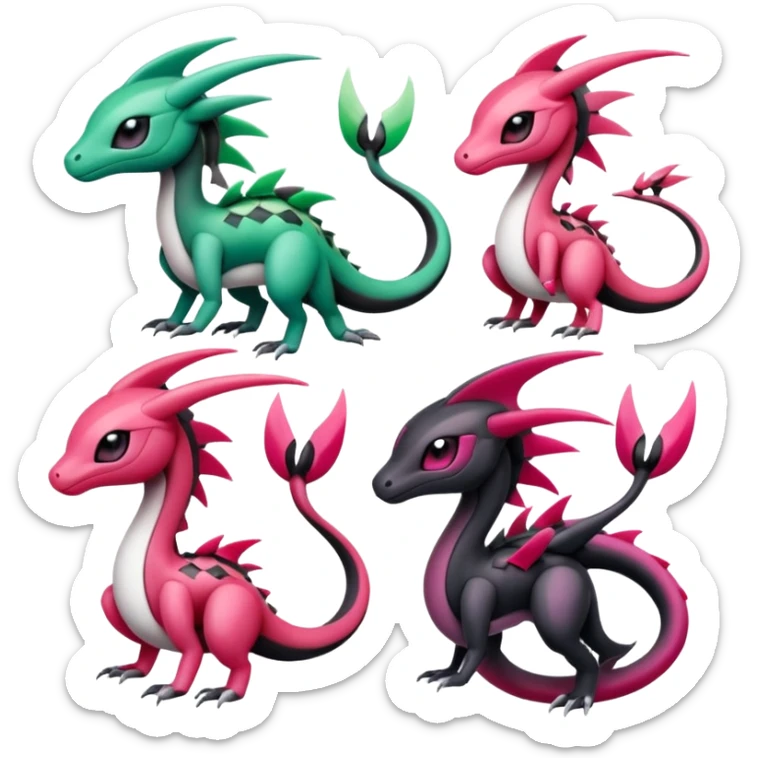 Magenta-black-white-gradients Meloetta-Rayquaza-Gorebyss-Salandit-Salazzle-Pokémon-Fakémon-creature-fusion-hybrid sticker