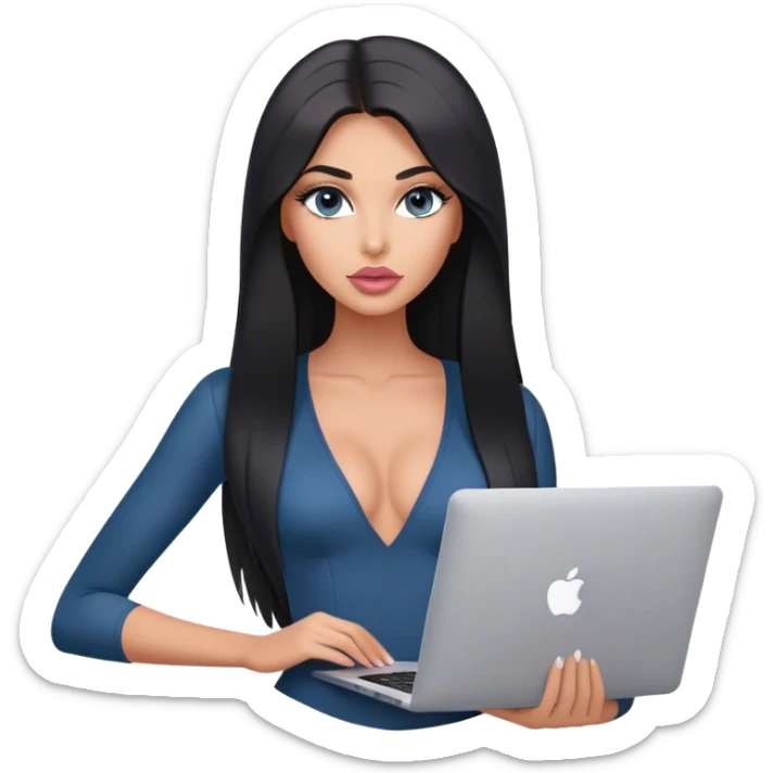 Glamours, tanned, very beautiful girl, with big pump peach-beige-rose lips, long lashes, black straight smooth silky long hair, straight parting hair, blue-grey eyes, in v-neck bodysuit holding MacBook sticker
