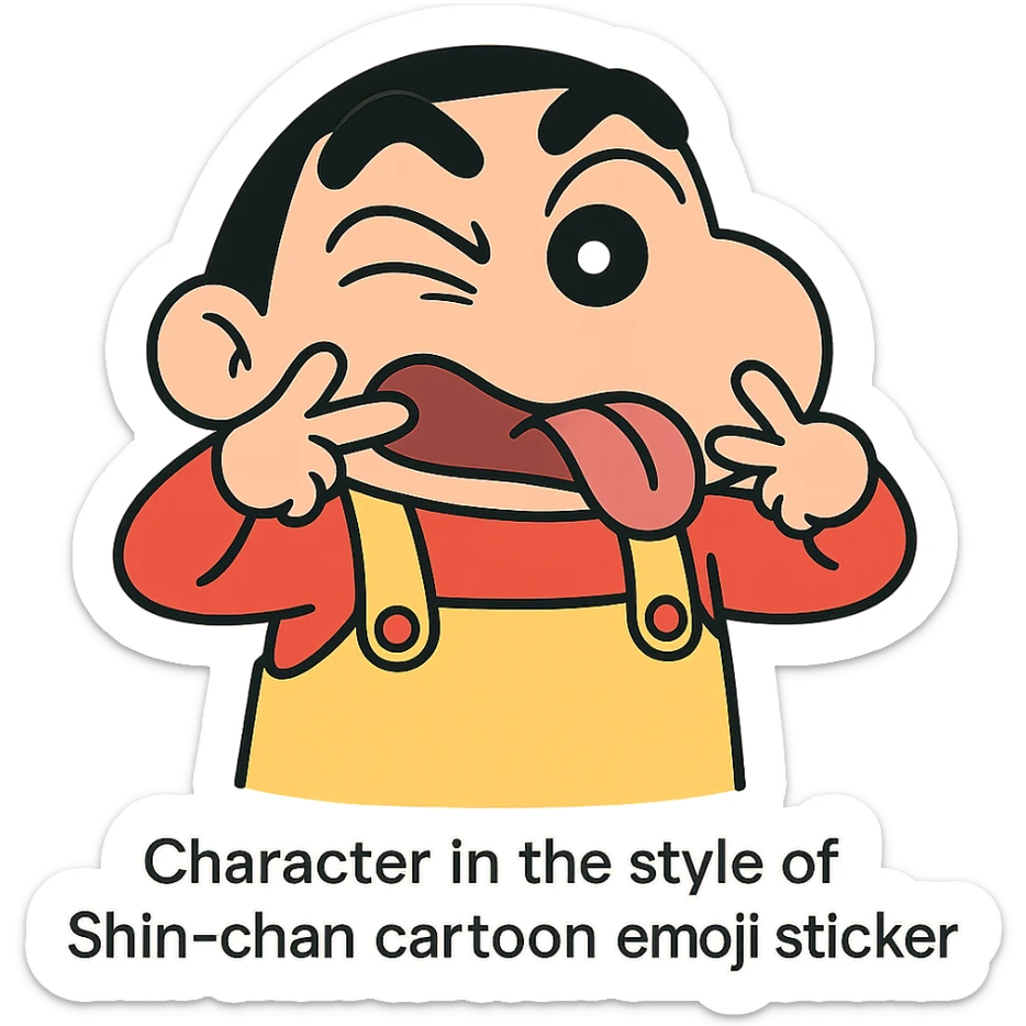 Shinchan cartoon style emoji sticker, making a funny face, iconic black hair, red shorts, yellow overalls, simple solid or gradient background, 500x500px, transparent PNG, optional brief text description sticker