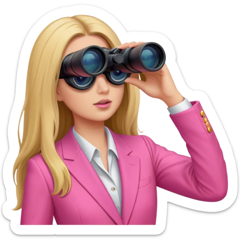 woman with long hair in an intensive color pink suit looking through binoculars, front view, upper body sticker