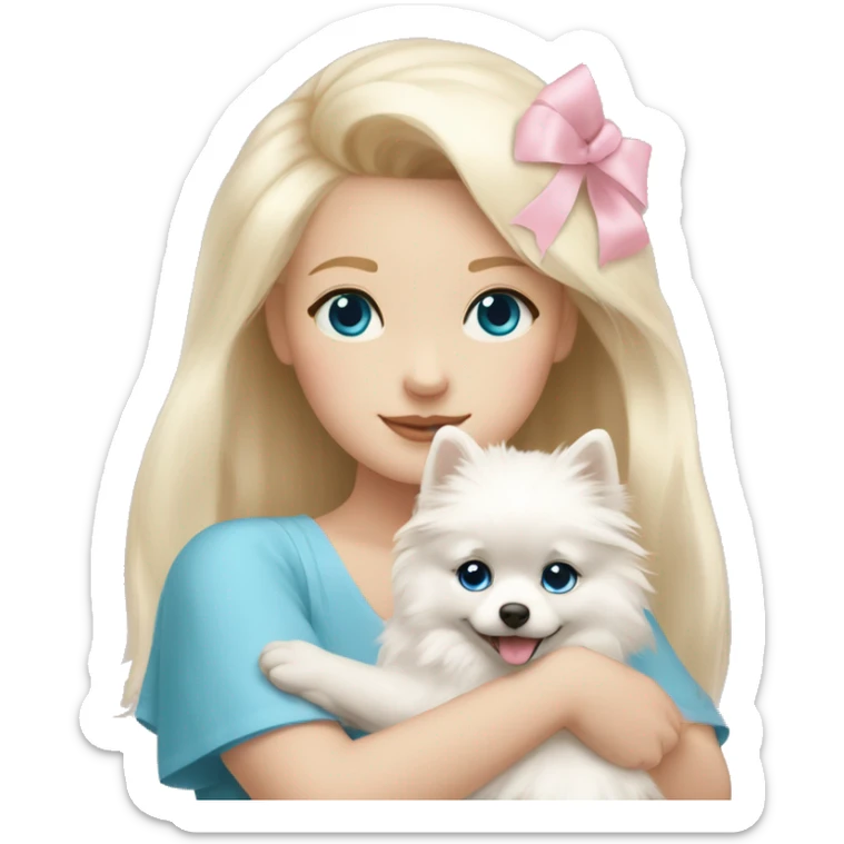 Blond girl white skin blue eyes hugging white Pomeranian with light pink bow sticker