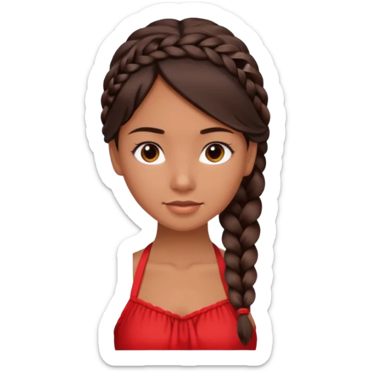 A tanned girl's face Over-the-shoulder braid dark brown hair with red halter top sticker