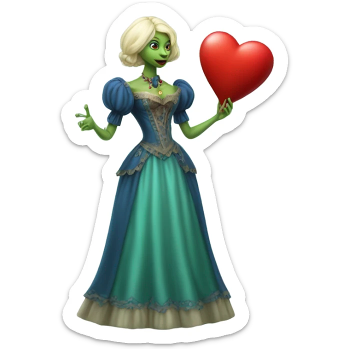 "galora green blonde alien woman" in blue Victorian dress elegant, full body, holdig red big hearth sticker