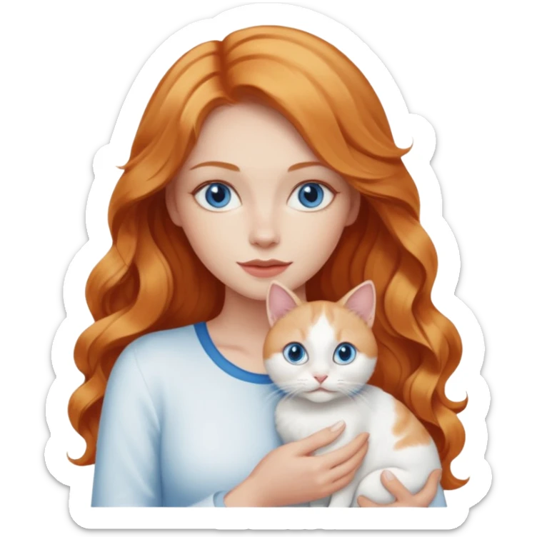 Long wavy strawberry blonde blue eyes woman with a white cat with blue eyes sticker