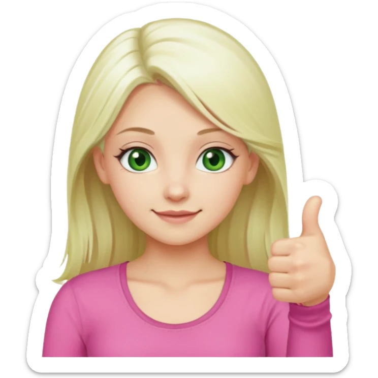 Long platinum blonde hair girl with green eyes in  pink top showing a thumbs up  sticker