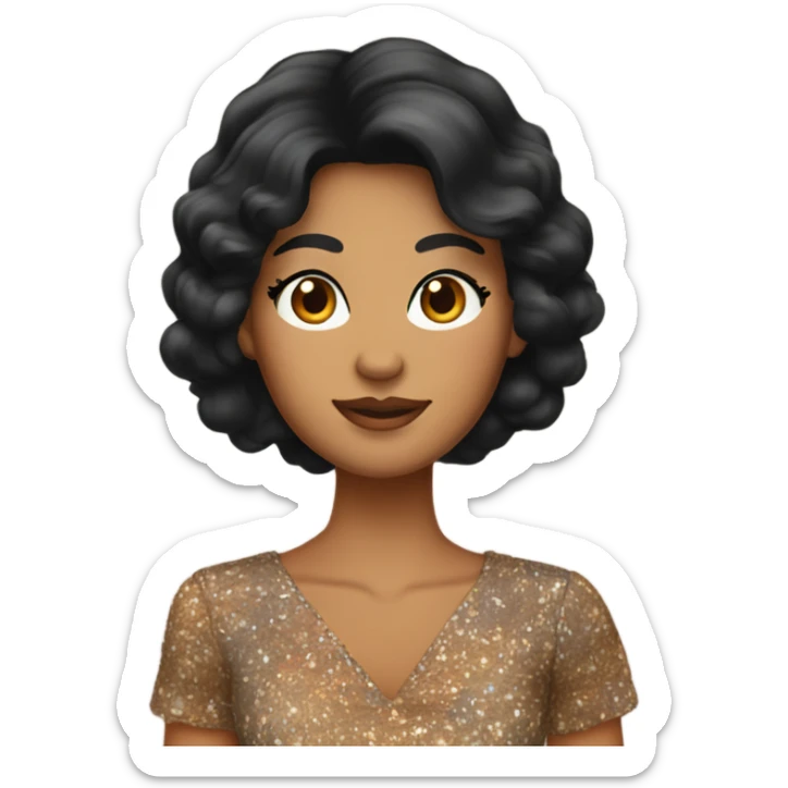 Tanned woman with black hair wearing 1970s style dress and hair sticker