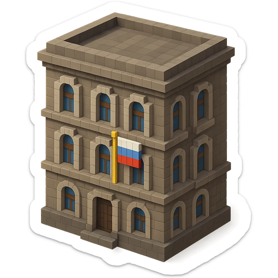 old Saint Petersburg building in voxel style, gray-brown tones, Russian flag hanging vertically in a window, isometric view sticker