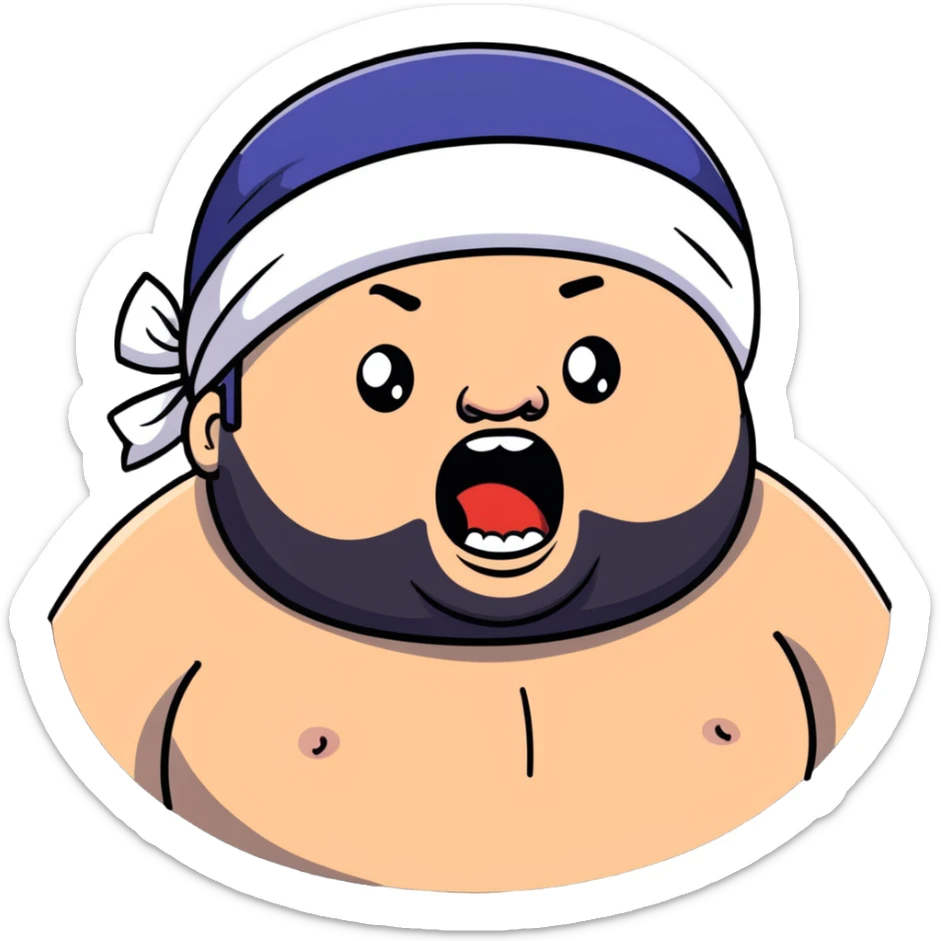 Super extreme tight close-up of just the face of morbidly obese white skin guy with young face, prominent BLACK DURAG tied clearly on head, black beard but no mustache, clean shaven upper lip, black eyes, mouth wide open screaming angrily sticker