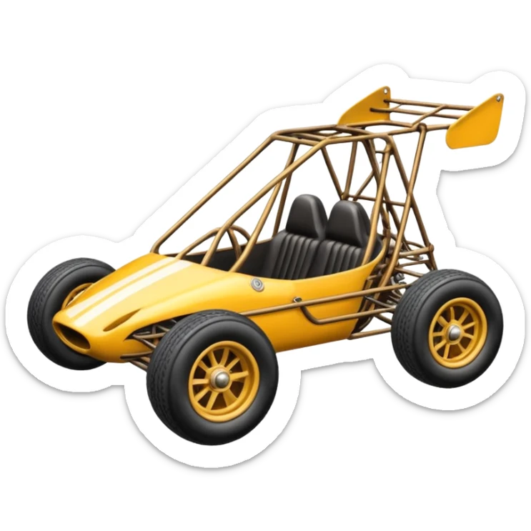 Race car whose frame and detailed suspension is made of shopping cart material with padded roll cage and antique style handmade bodywork  sticker