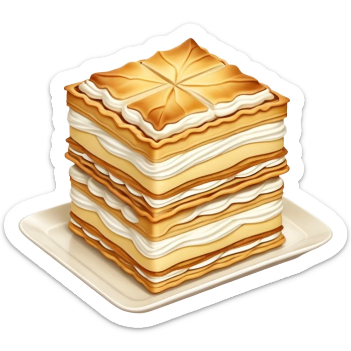 mille-feuille-cinematic-realistic-mille-feuille-dessert-emoji,-depicted-as-a-rectangular delicate-pastry-composed-of-two-crisp-layers-of-puff-pastry-with-a-rich-cream-filling,-rendered-with-intricate-textures-and-elegant,-soft-lighting. Please only show two layers only. sticker