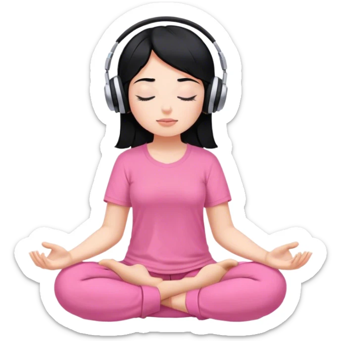 Chica de pelo negro con piel Blanca con los ojos cerrados escuchando musica en audifonos y con camisa rosa mientras medita sticker