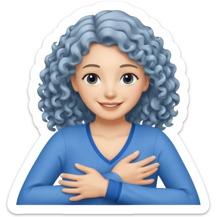 silver, wavy/curly hair chin-length lady giving hug with 2 arms, blue v-neck and smiling sticker