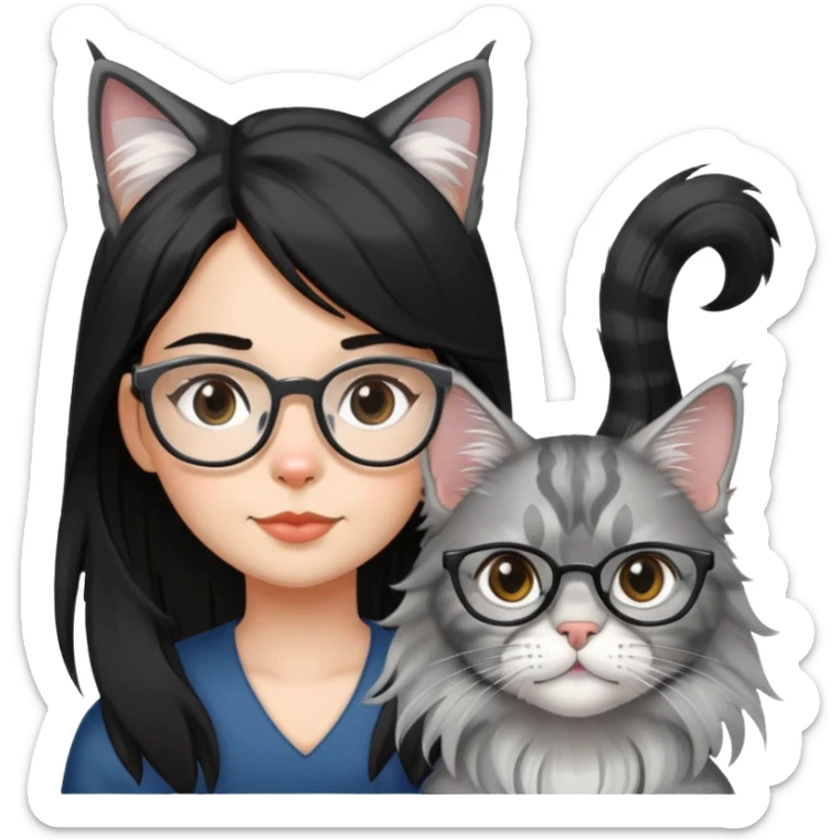 a silver based Maine Coon cat and a black hair glasses girl sticker