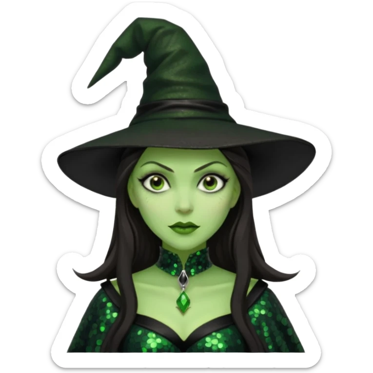 The Wicked Witch from The Land of Oz with green skin, long dark brown hair, black sequin outfit sticker